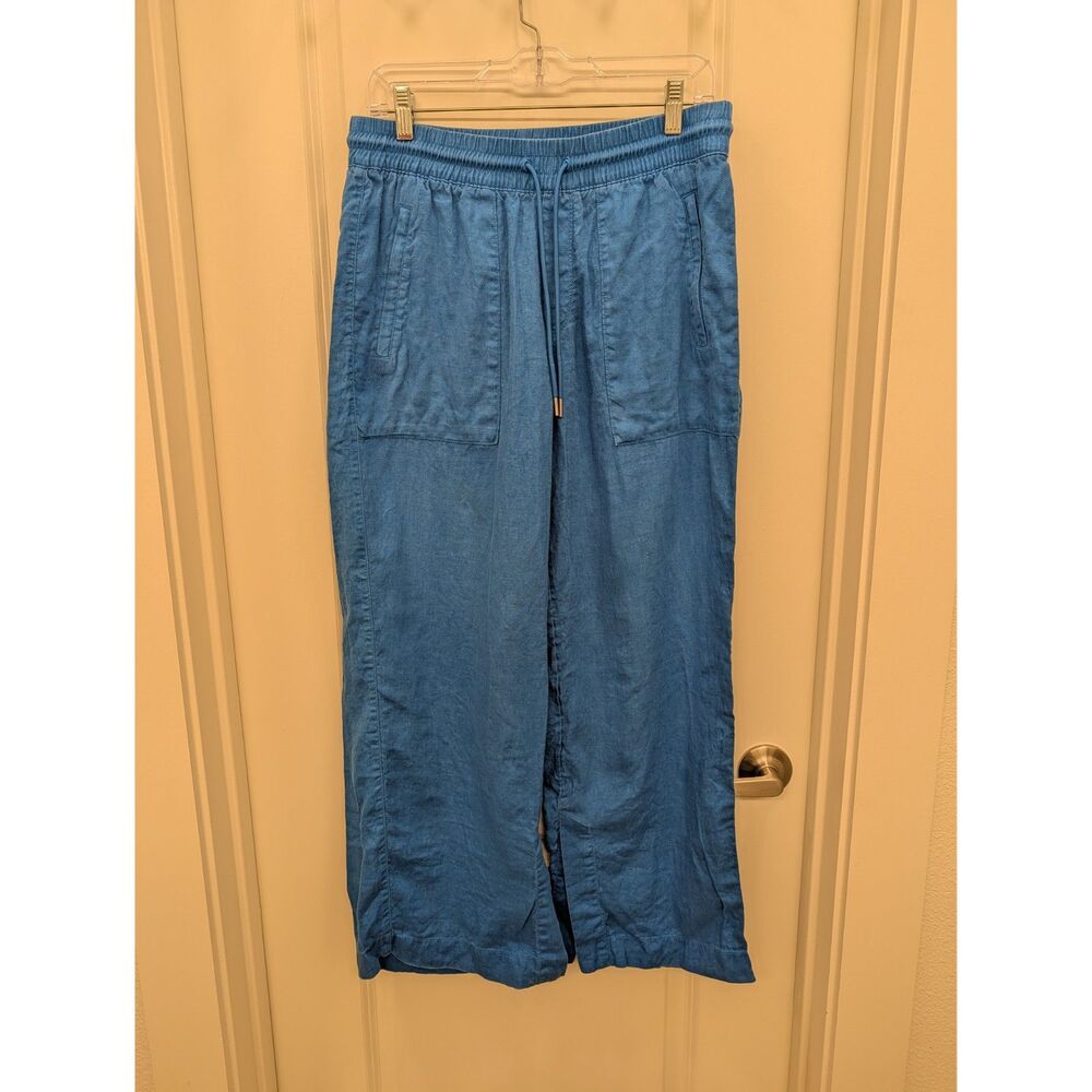 Athleta Cabo Linen Wide Leg Pants Women Medium Blue 100% Flax Drawstring